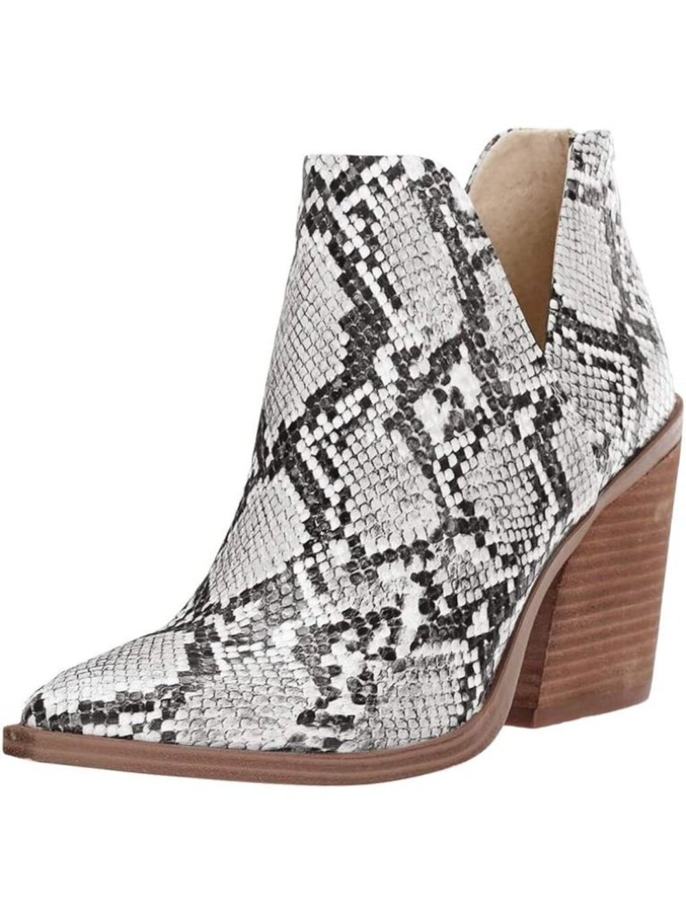 Women's Snakeskin Pointed Toe Chunky Stacked Mid Heel Slip on Ankle Boot Shoes